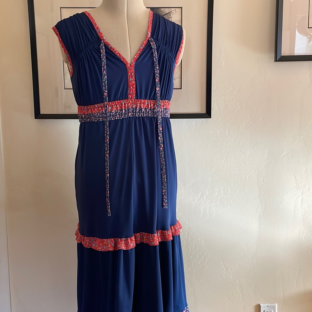 Vintage GODDESS DRESS 1970s Maxi blue & reds L - Picture 2 of 13